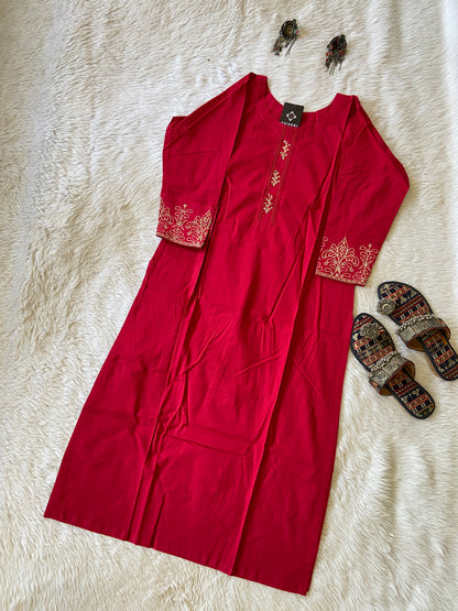 Cotton Straight Cut Kurti With Work In Sleeve. Cotton Kurti For Women.