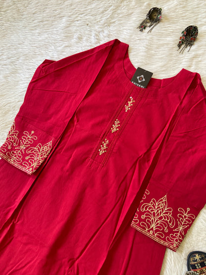 Cotton Straight Cut Kurti With Work In Sleeve. Cotton Kurti For Women.
