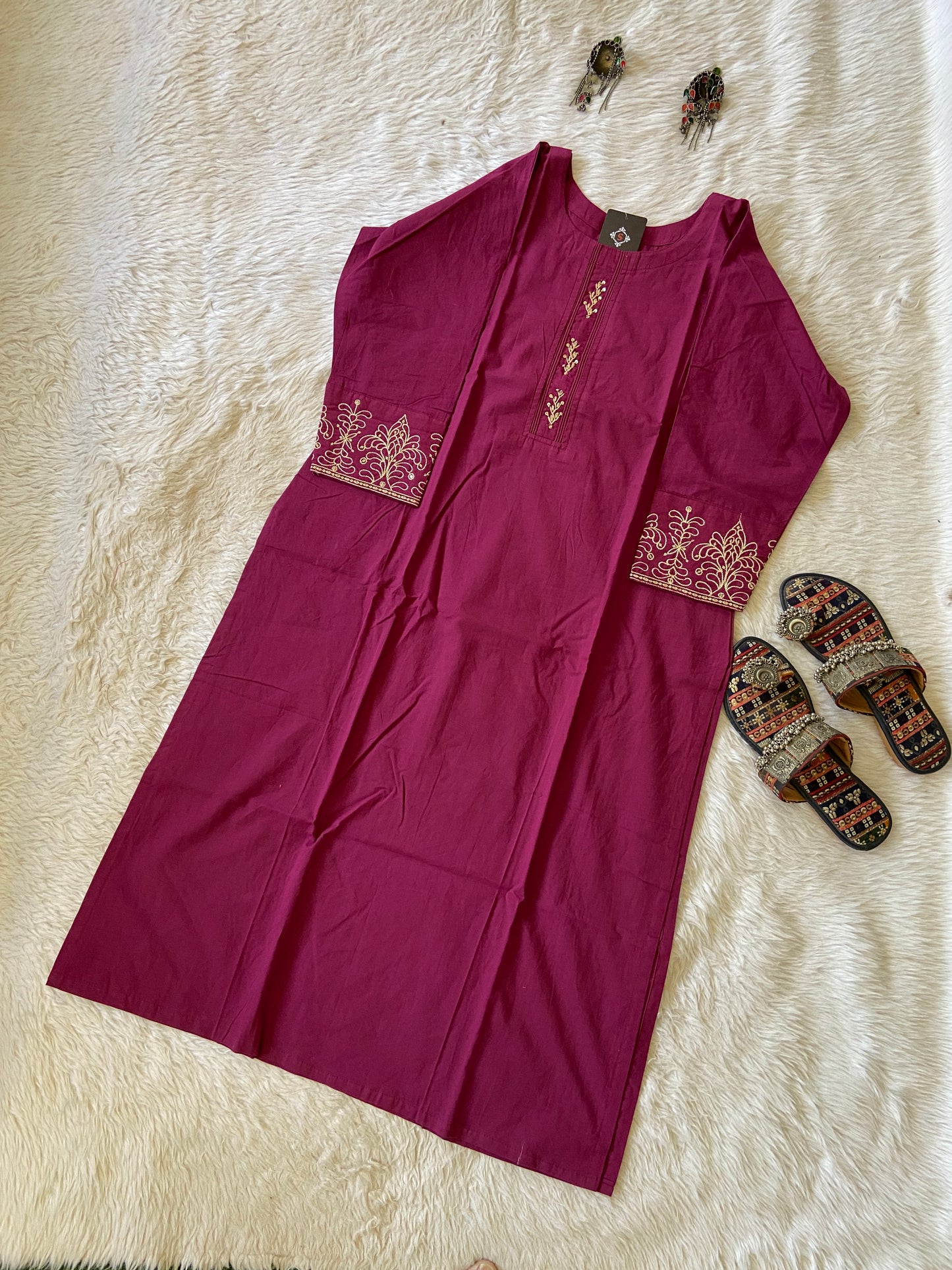 Cotton Straight Cut Kurti With Work In Sleeve. Cotton Kurti For Women.