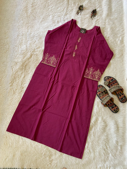 Cotton Straight Cut Kurti With Work In Sleeve. Cotton Kurti For Women.