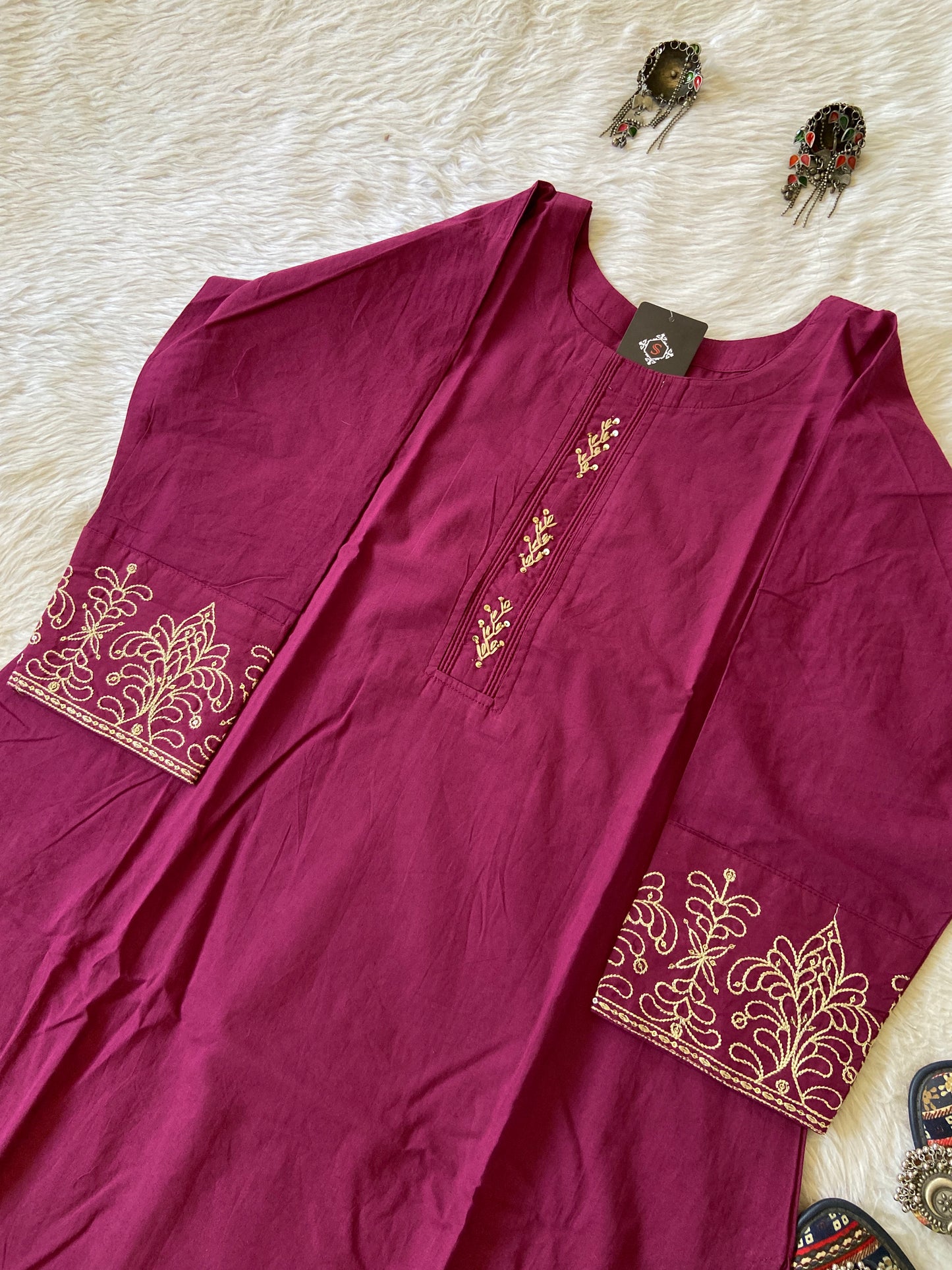 Cotton Straight Cut Kurti With Work In Sleeve. Cotton Kurti For Women.