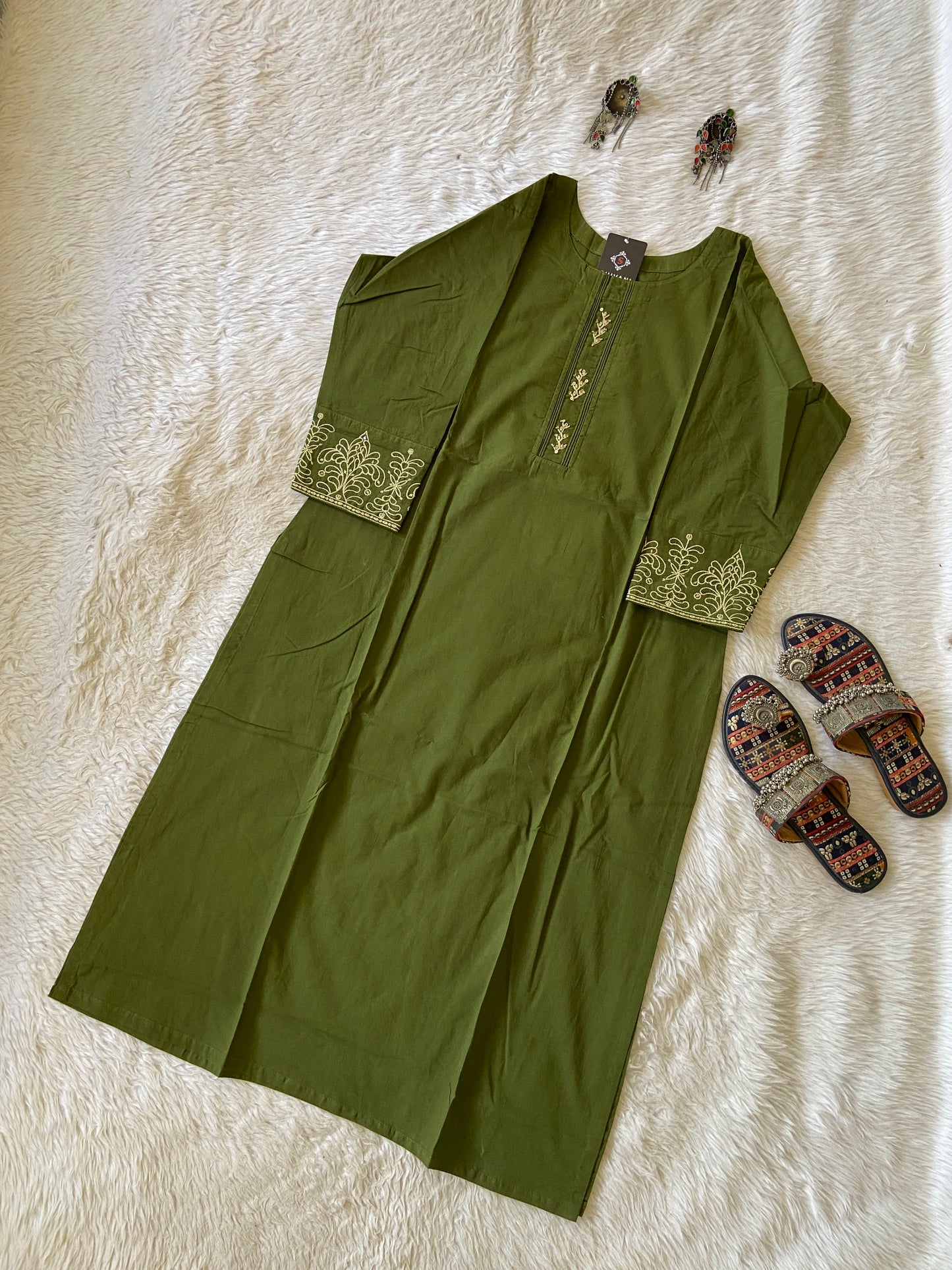 Cotton Straight Cut Kurti With Work In Sleeve. Cotton Kurti For Women.