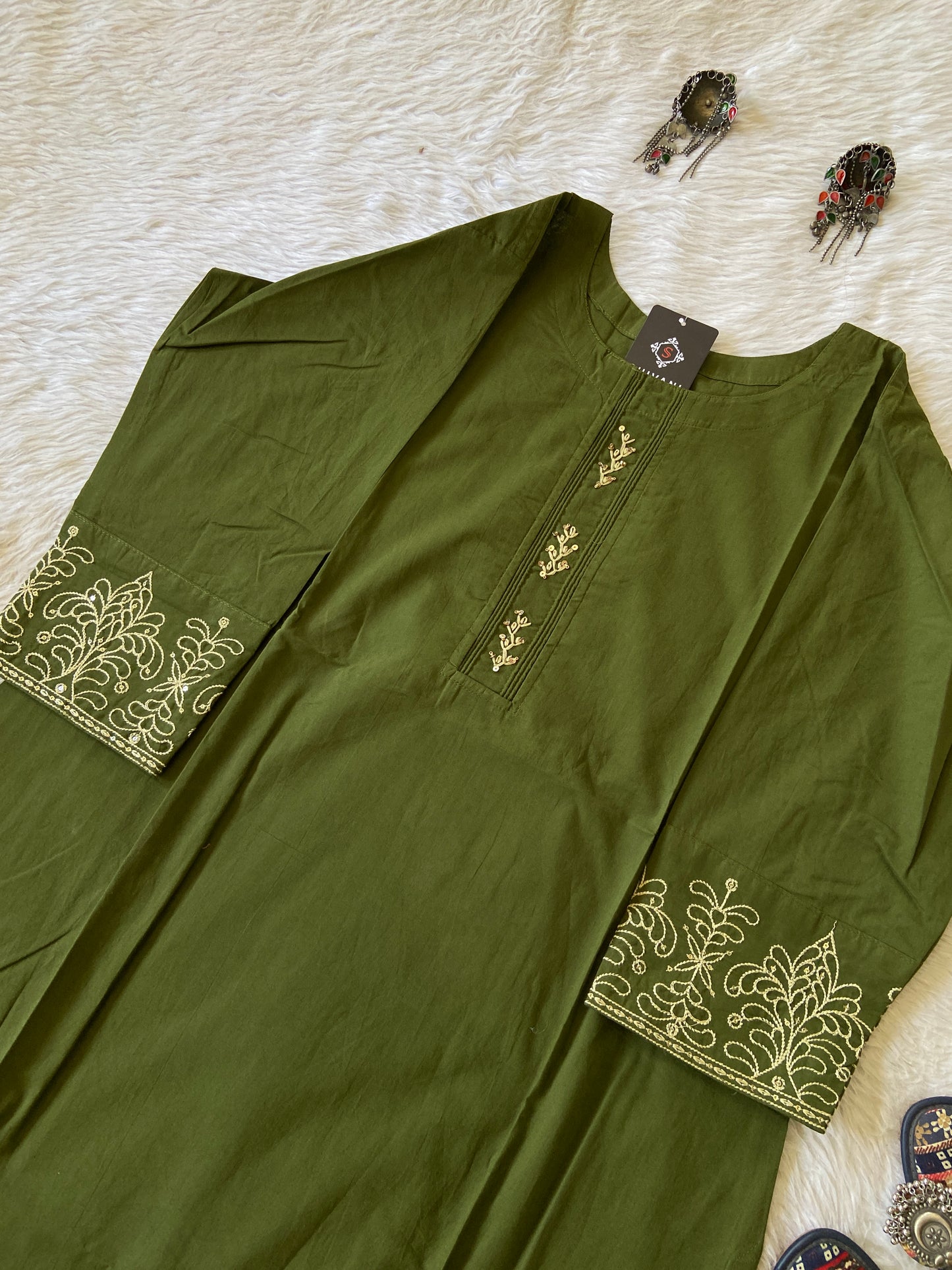 Cotton Straight Cut Kurti With Work In Sleeve. Cotton Kurti For Women.