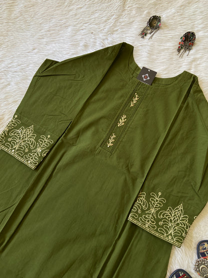 Cotton Straight Cut Kurti With Work In Sleeve. Cotton Kurti For Women.