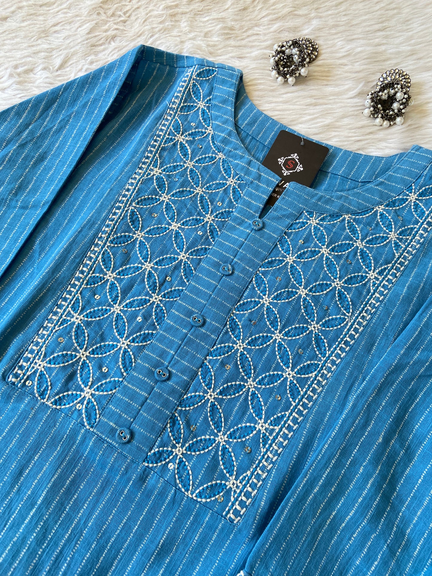 Embroidery Work In Neck, Straight Kurti With Palazzo. Cotton Straight Kurti Sets For Women