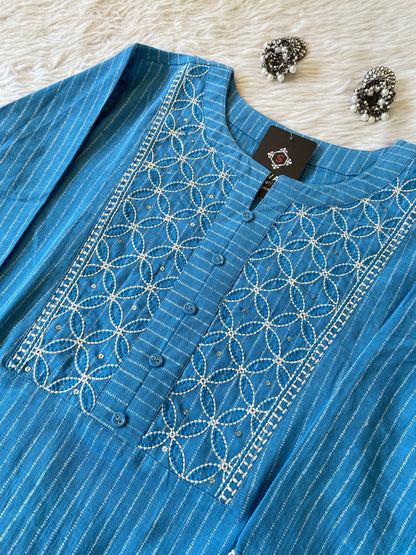 Embroidery Work In Neck, Straight Kurti With Palazzo. Cotton Straight Kurti Sets For Women