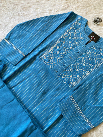 Embroidery Work In Neck, Straight Kurti With Palazzo. Cotton Straight Kurti Sets For Women