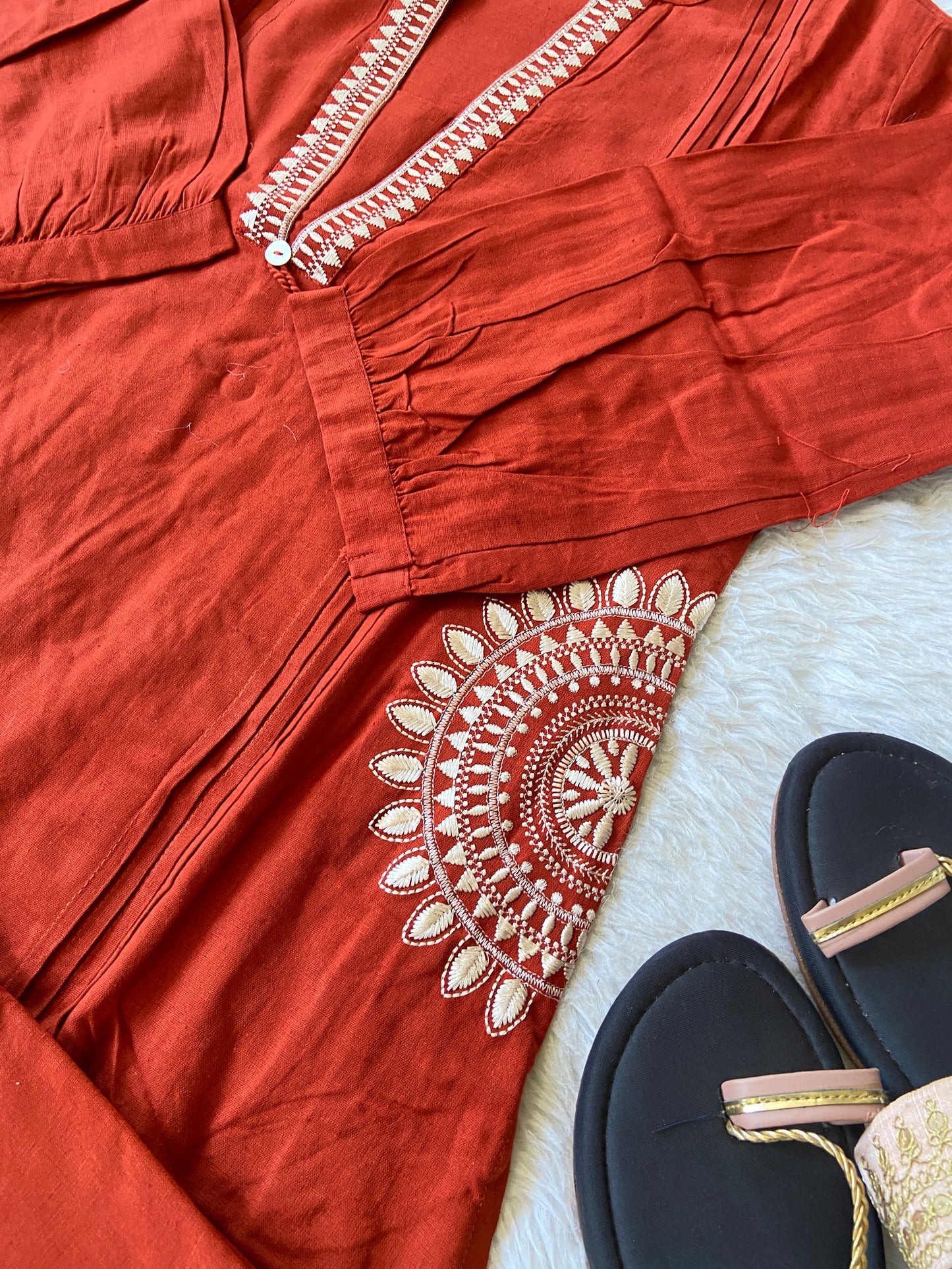 Cotton Aline Kurti With Cut, Pocket Work Kurti With Palazzo. Cotton Kurti Sets For Women.