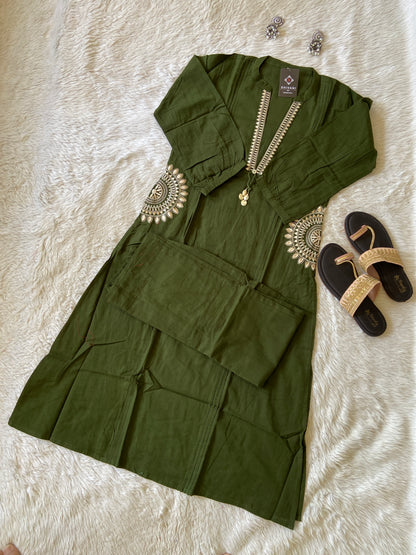 Cotton Aline Kurti With Cut, Pocket Work Kurti With Palazzo. Cotton Kurti Sets For Women.