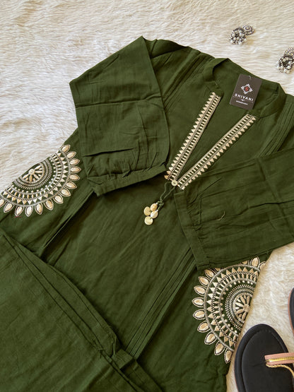 Cotton Aline Kurti With Cut, Pocket Work Kurti With Palazzo. Cotton Kurti Sets For Women.