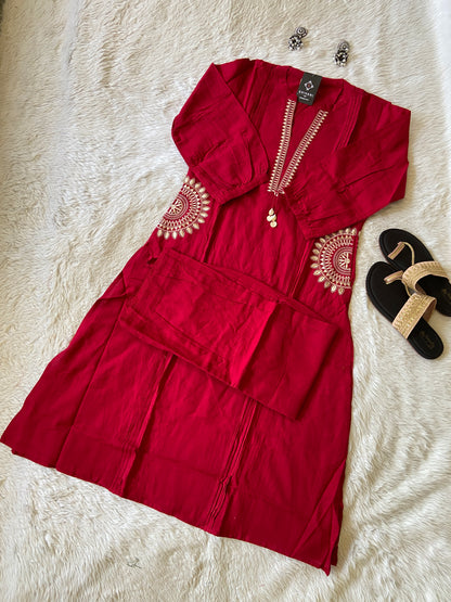 Cotton Aline Kurti With Cut, Pocket Work Kurti With Palazzo. Cotton Kurti Sets For Women.