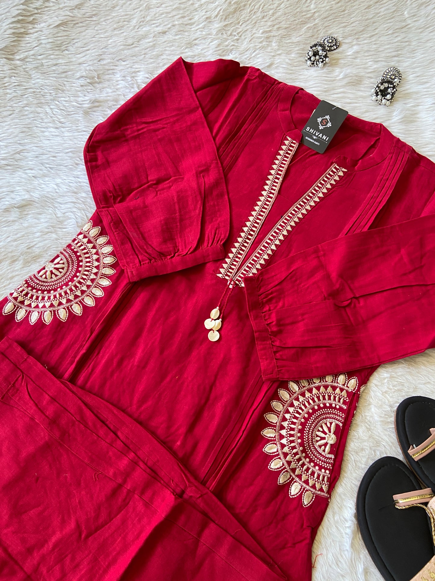 Cotton Aline Kurti With Cut, Pocket Work Kurti With Palazzo. Cotton Kurti Sets For Women.