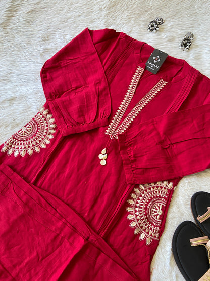 Cotton Aline Kurti With Cut, Pocket Work Kurti With Palazzo. Cotton Kurti Sets For Women.