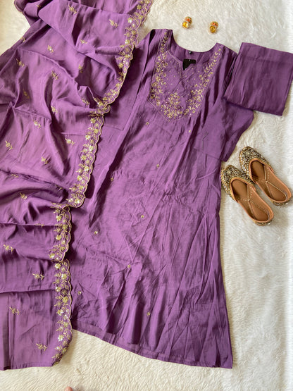 Beautiful Handwork In Neck, ALine Kurti With Matching Palazzo And Dupatta. ALine Silk Suit For Women.