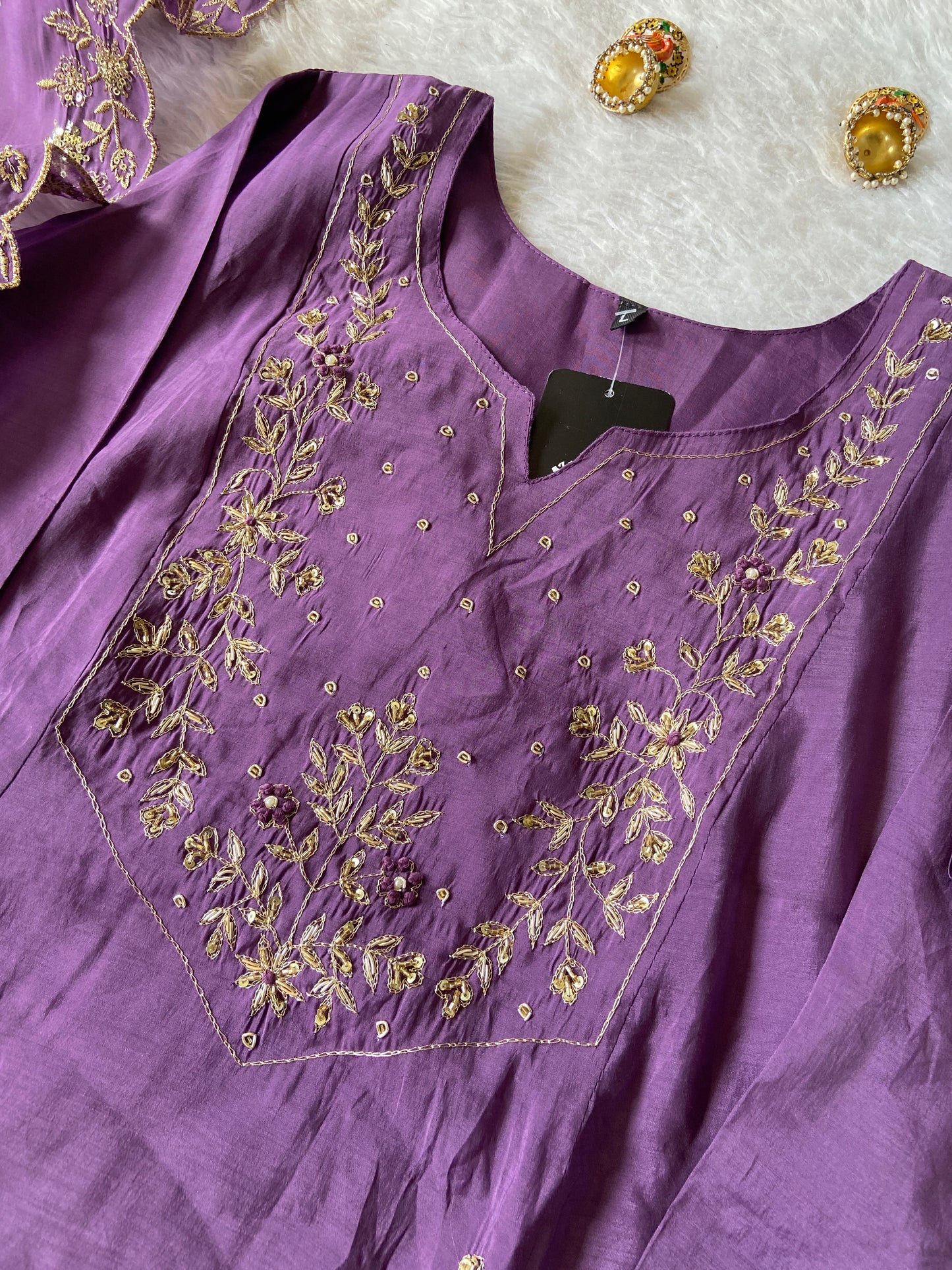 Beautiful Handwork In Neck, ALine Kurti With Matching Palazzo And Dupatta. ALine Silk Suit For Women.
