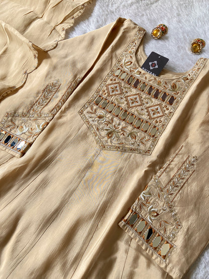 Beautiful Mirror Work In Neck And Sleeve, Anarkali Kurti With Matching Palazzo And Dupatta. Anarkali Silk Suit For Women.