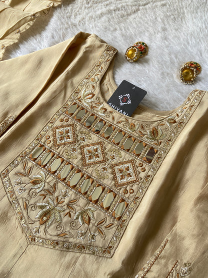 Beautiful Mirror Work In Neck And Sleeve, Anarkali Kurti With Matching Palazzo And Dupatta. Anarkali Silk Suit For Women.