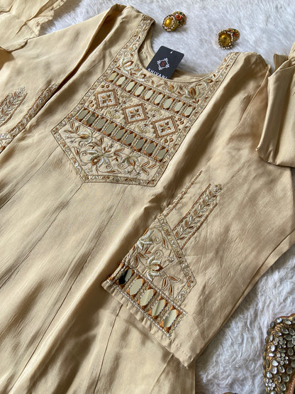 Beautiful Mirror Work In Neck And Sleeve, Anarkali Kurti With Matching Palazzo And Dupatta. Anarkali Silk Suit For Women.