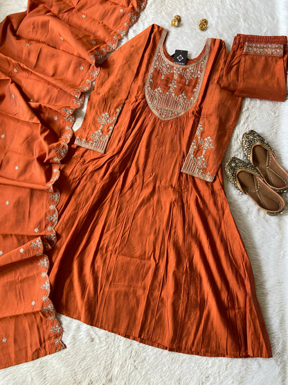 Full Sleeve Anarakli Kurti With Pant And Dupatta. SIlk Anarkali Suit Sets For Women.