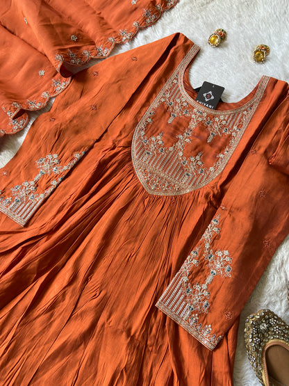 Full Sleeve Anarakli Kurti With Pant And Dupatta. SIlk Anarkali Suit Sets For Women.