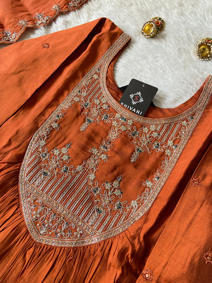 Full Sleeve Anarakli Kurti With Pant And Dupatta. SIlk Anarkali Suit Sets For Women.