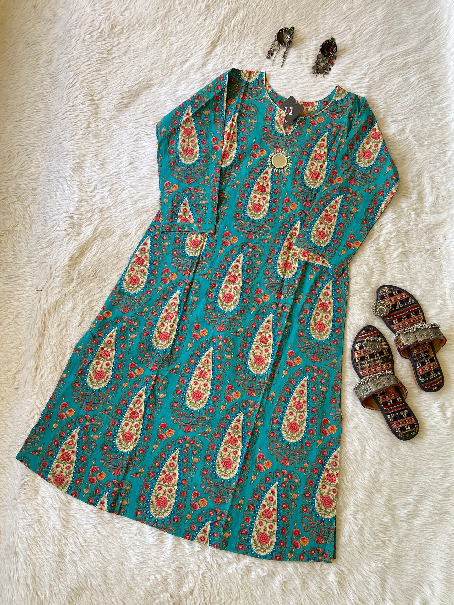 Jaipuri Print Aline Mirror Work Kurti. Cotton Aline Kurti For Women.