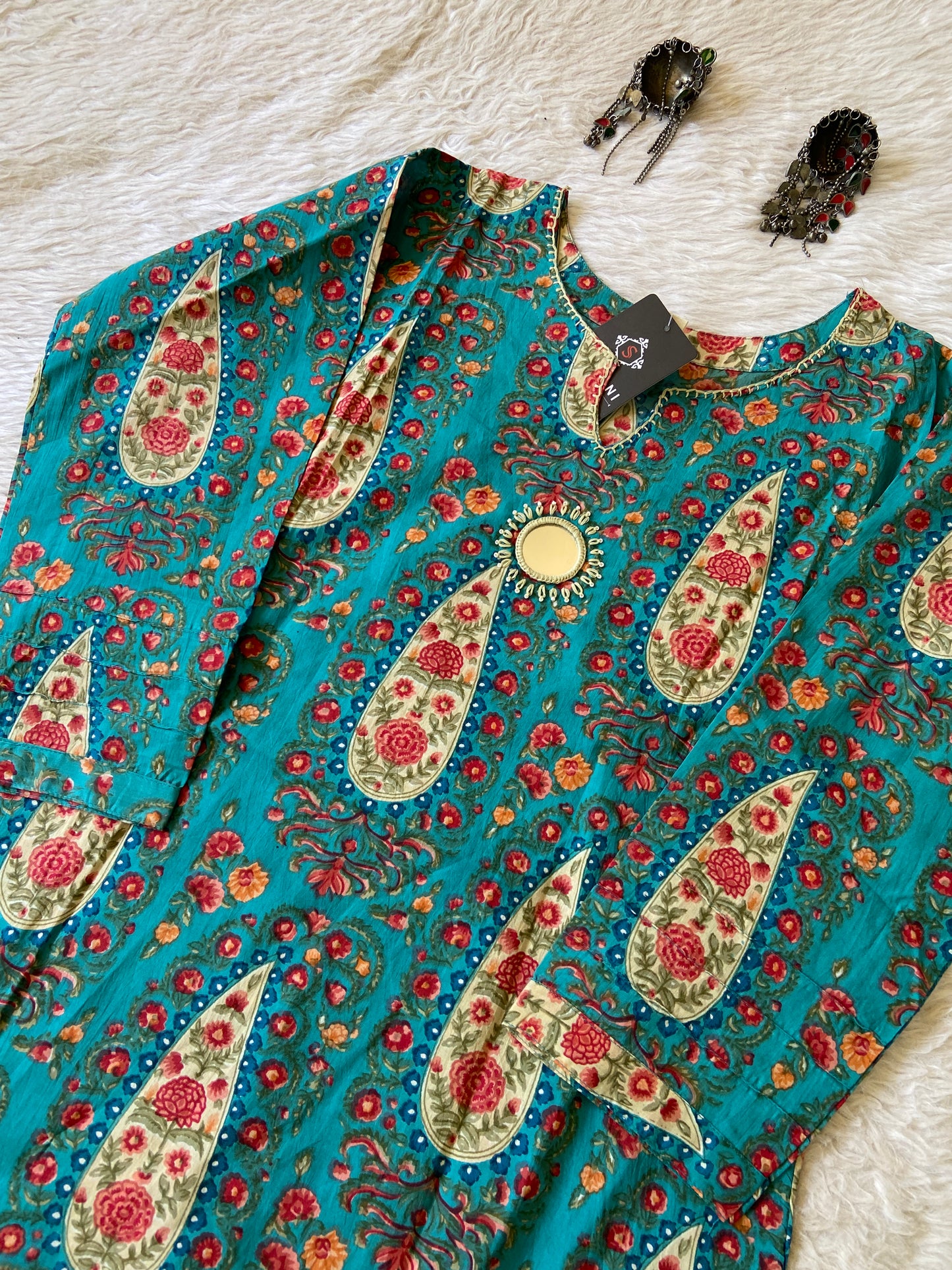 Jaipuri Print Aline Mirror Work Kurti. Cotton Aline Kurti For Women.