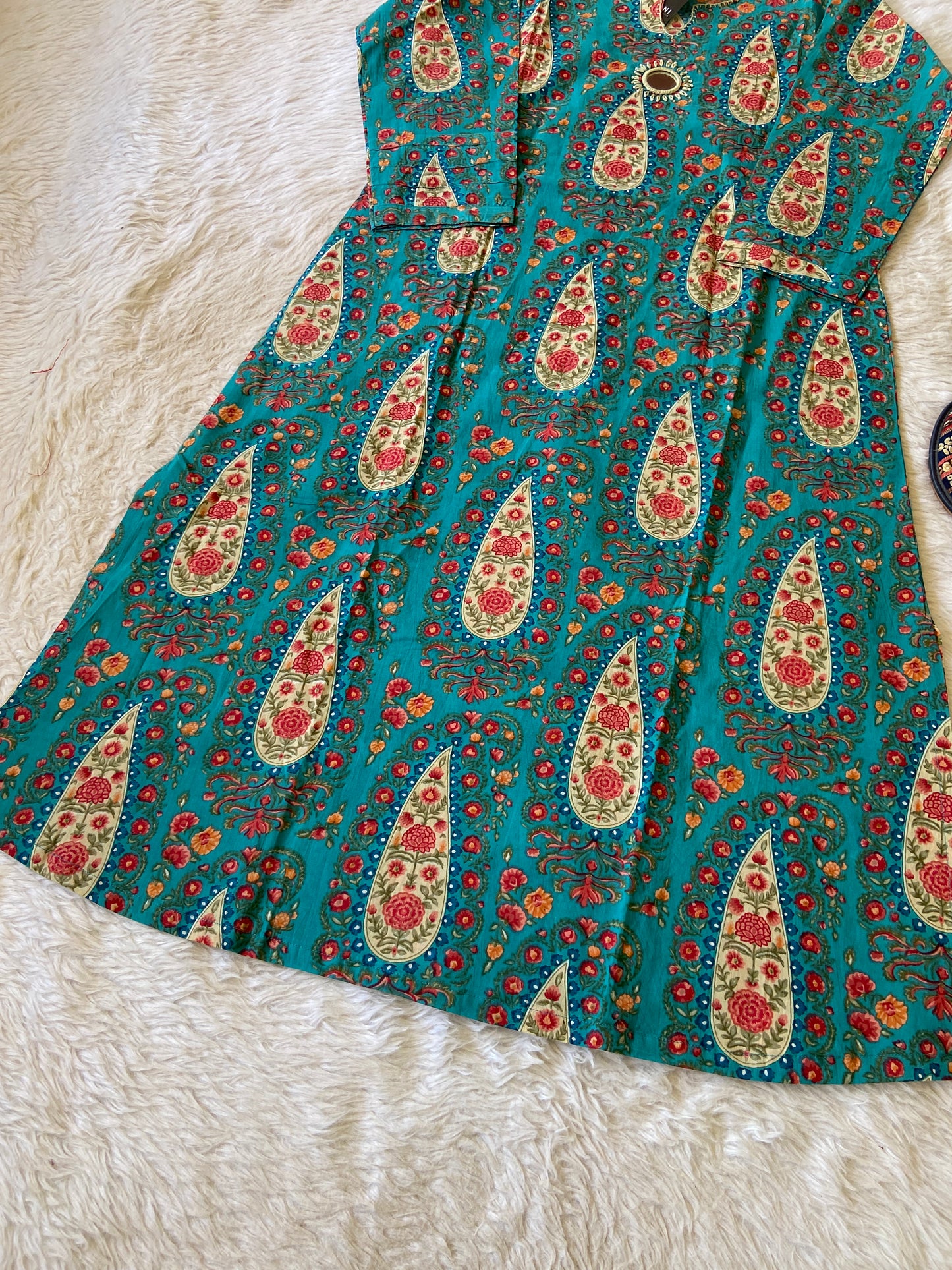 Jaipuri Print Aline Mirror Work Kurti. Cotton Aline Kurti For Women.