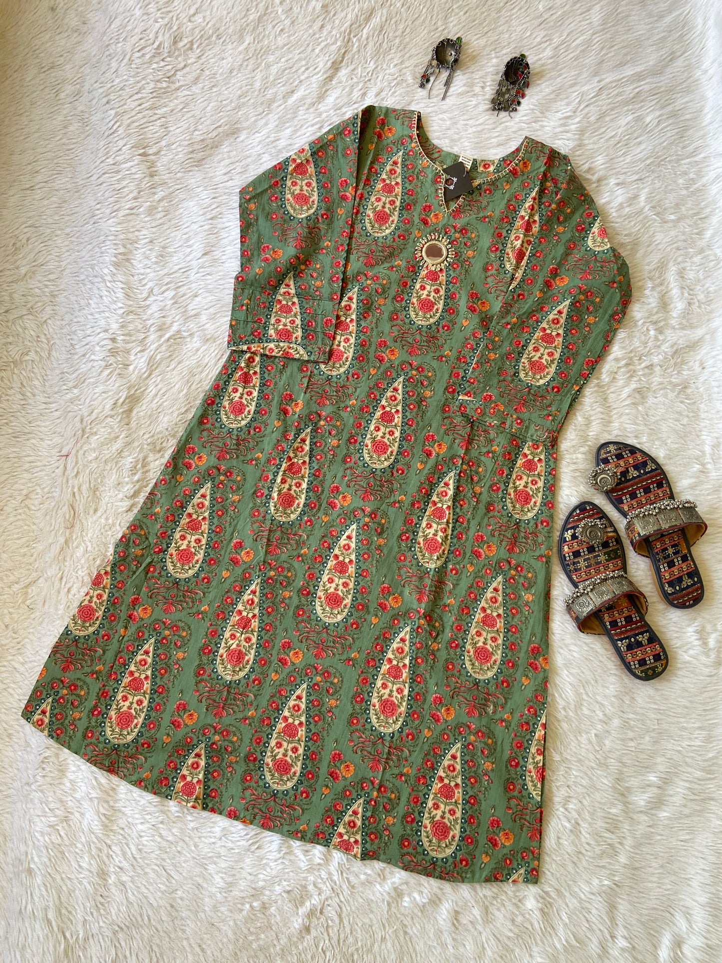 Jaipuri Print Aline Mirror Work Kurti. Cotton Aline Kurti For Women.