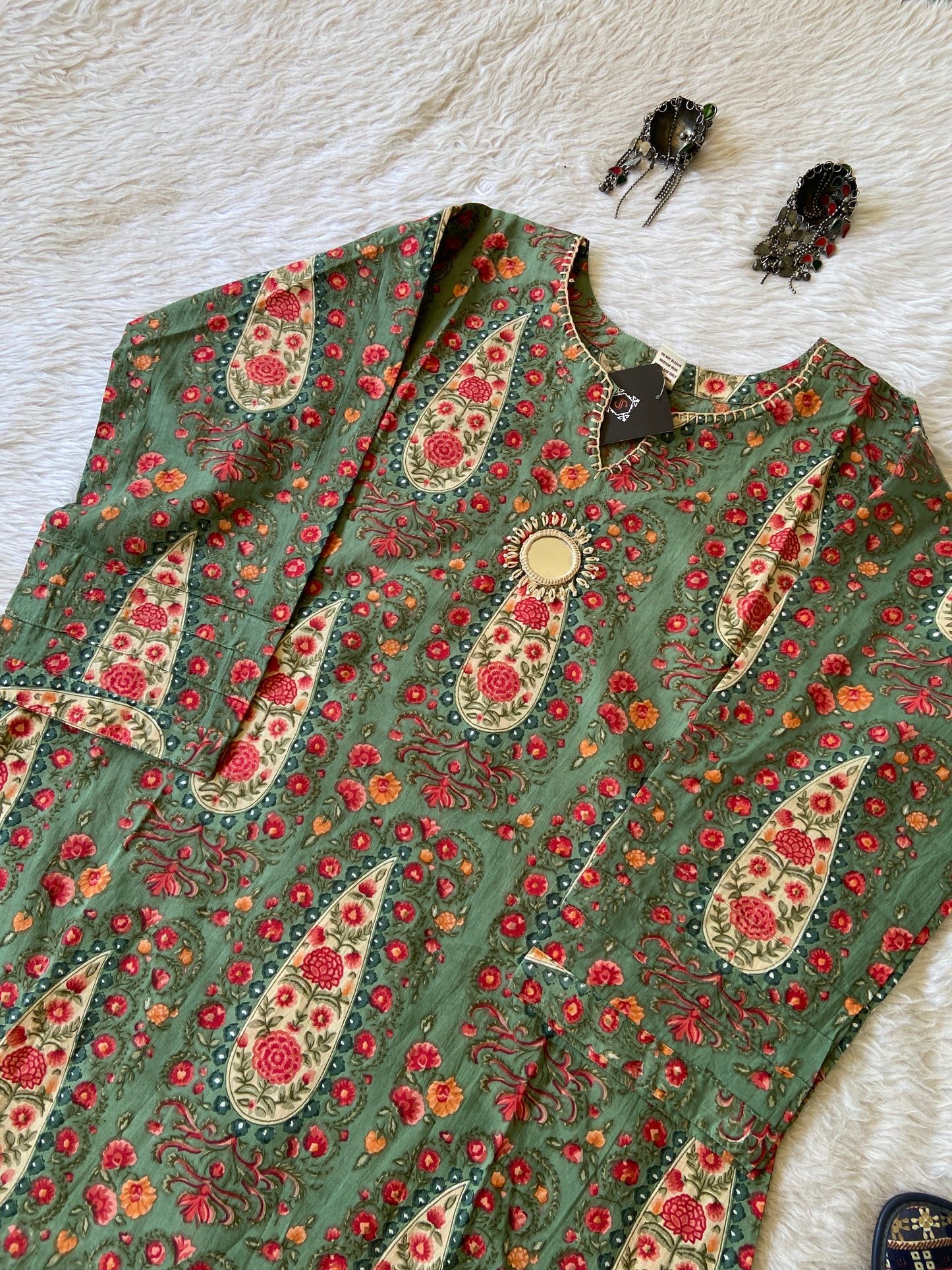 Jaipuri Print Aline Mirror Work Kurti. Cotton Aline Kurti For Women.