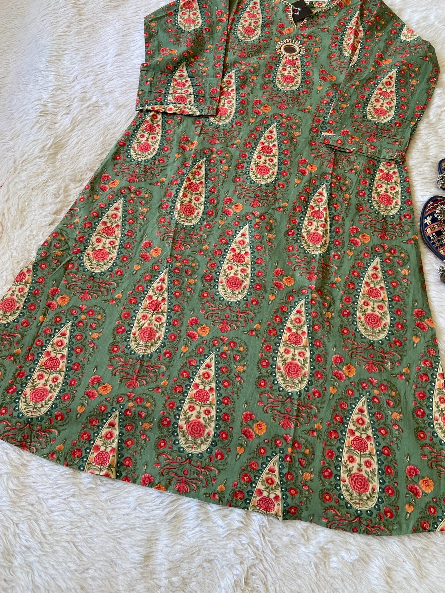 Jaipuri Print Aline Mirror Work Kurti. Cotton Aline Kurti For Women.