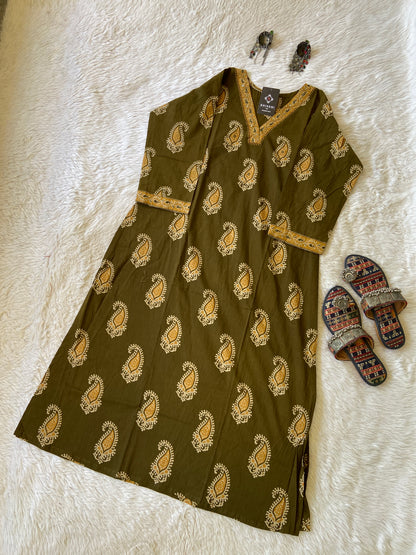 VNeck Style Jaipuri Print Cotton Aline Kurti. Cotton Aline Kurtis For Women.