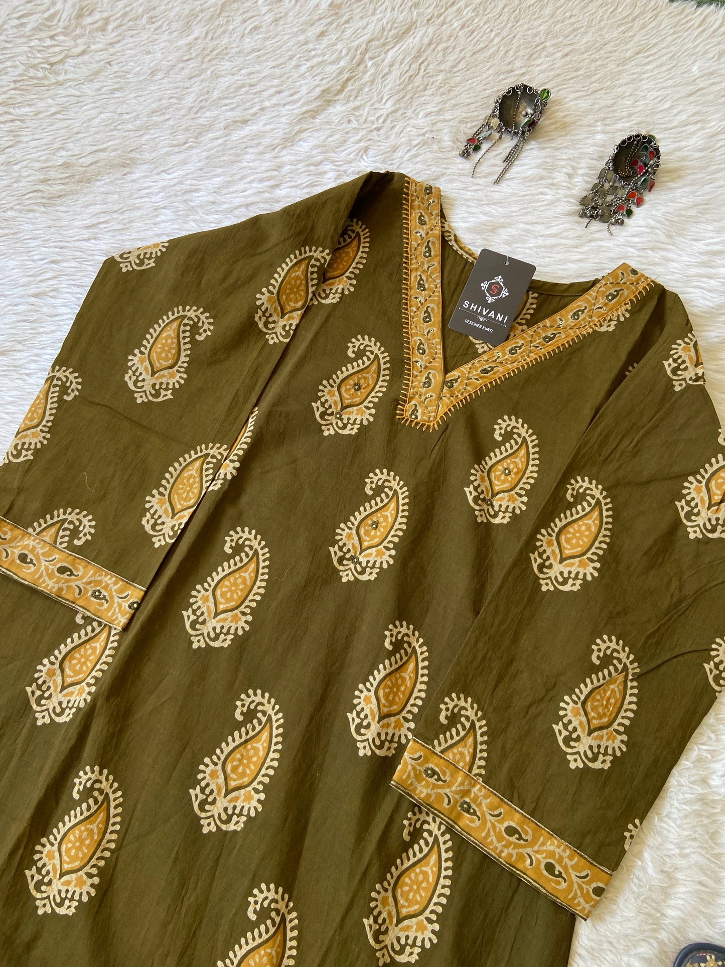 VNeck Style Jaipuri Print Cotton Aline Kurti. Cotton Aline Kurtis For Women.