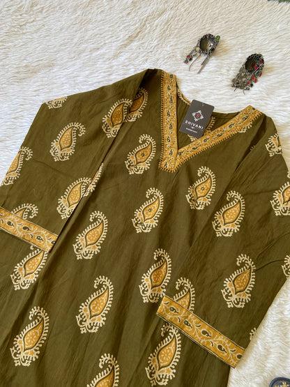 VNeck Style Jaipuri Print Cotton Aline Kurti. Cotton Aline Kurtis For Women.