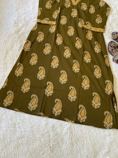 VNeck Style Jaipuri Print Cotton Aline Kurti. Cotton Aline Kurtis For Women.