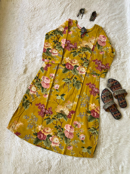 Flower Print Aline Kurti With Mirror in Neck. Cotton Aline Kurti For Women.