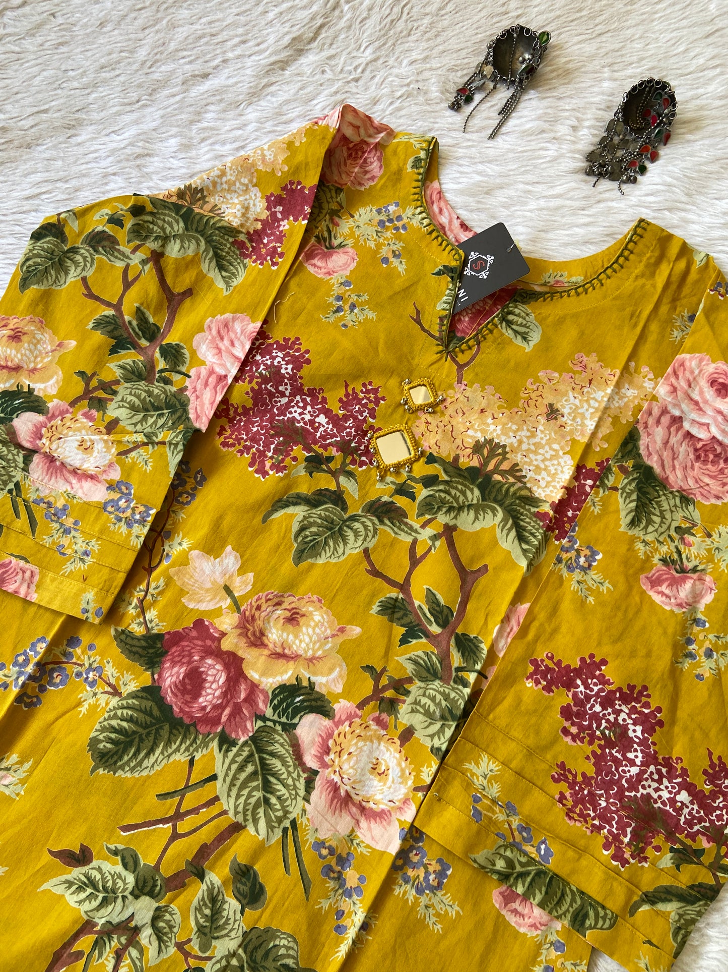 Flower Print Aline Kurti With Mirror in Neck. Cotton Aline Kurti For Women.