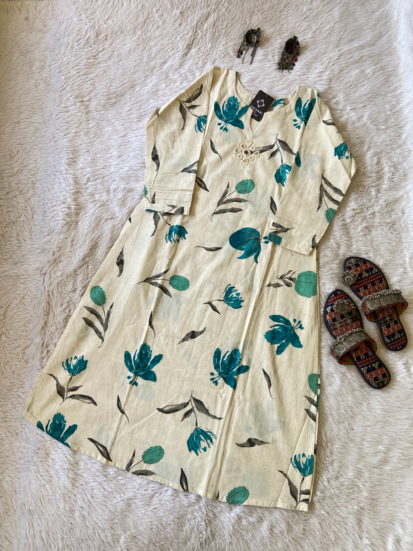 Mirror Work Style Flower Print Cotton Aline Kurti. Cotton Aline Kurtis For Women.
