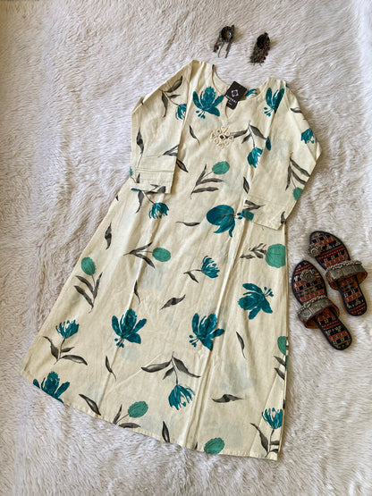 Mirror Work Style Flower Print Cotton Aline Kurti. Cotton Aline Kurtis For Women.