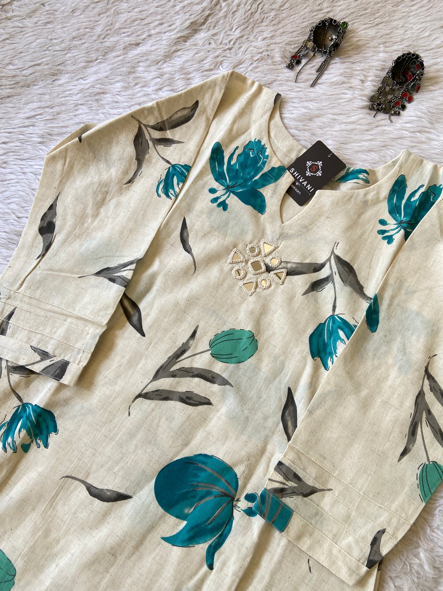 Mirror Work Style Flower Print Cotton Aline Kurti. Cotton Aline Kurtis For Women.