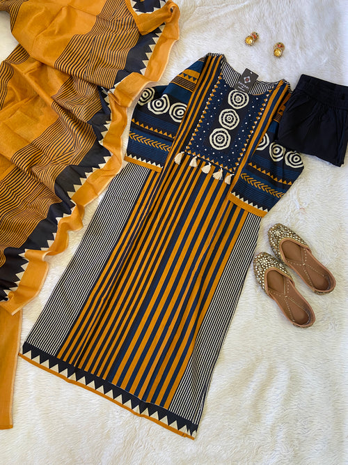 Jaipuri Cotton Straight cut Kurti With Palazzo And Dupatta. Cotton Suit Sets For Women.
