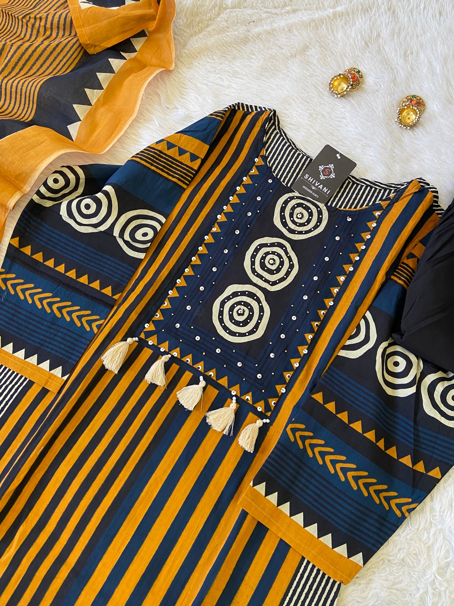 Jaipuri Cotton Straight cut Kurti With Palazzo And Dupatta. Cotton Suit Sets For Women.