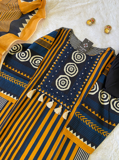 Jaipuri Cotton Straight cut Kurti With Palazzo And Dupatta. Cotton Suit Sets For Women.