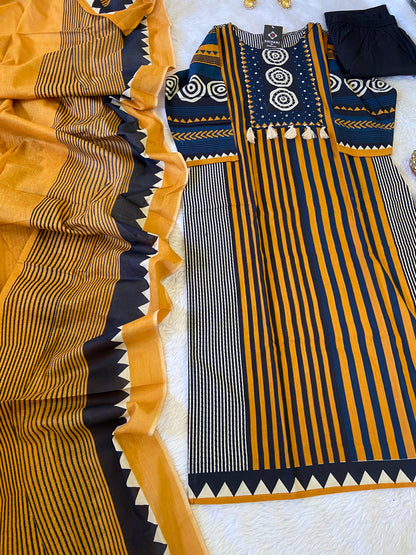 Jaipuri Cotton Straight cut Kurti With Palazzo And Dupatta. Cotton Suit Sets For Women.