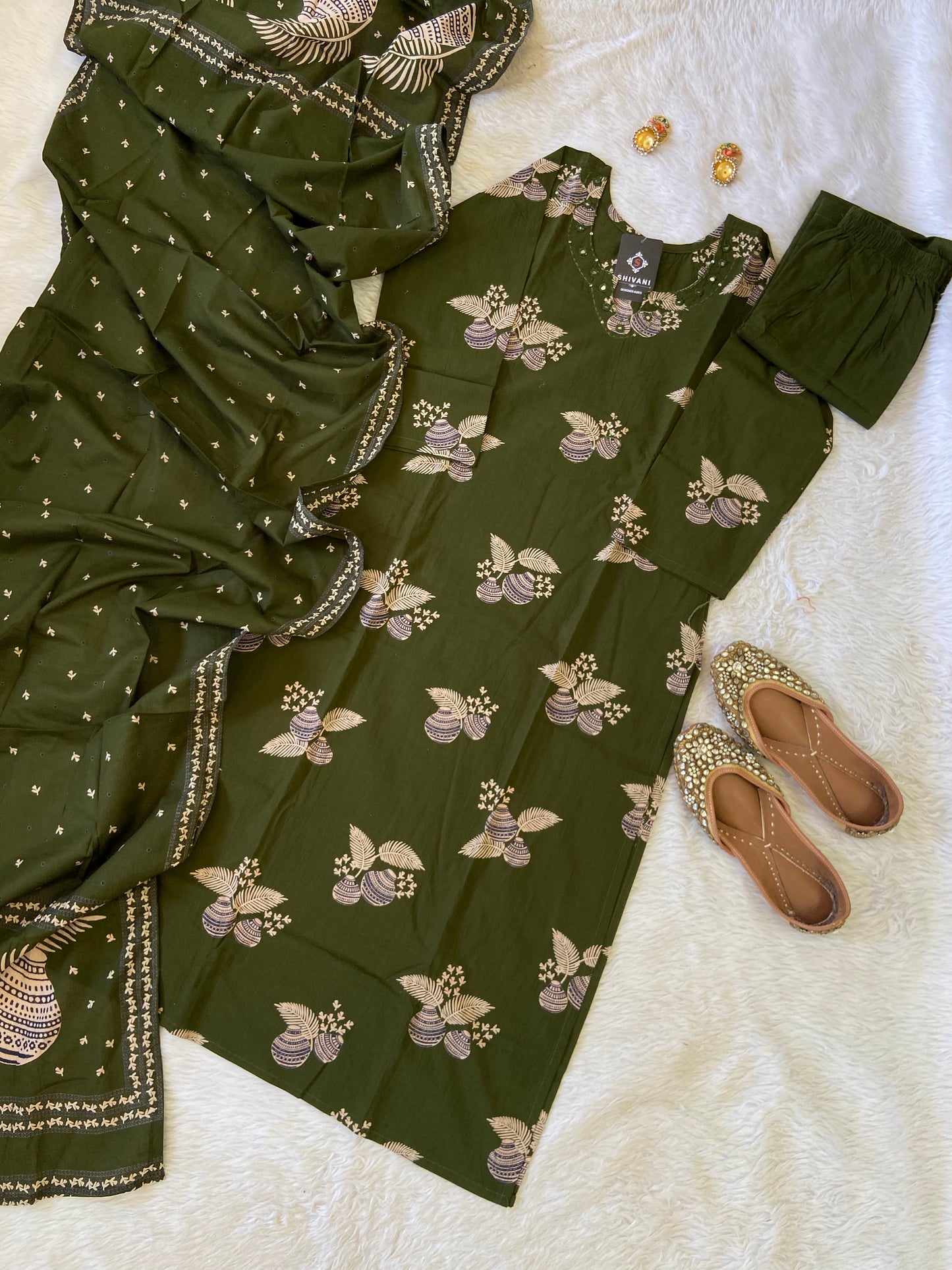 Jaipuri Cotton Straight cut Kurti With Palazzo And Dupatta. Cotton Suit Sets For Women.