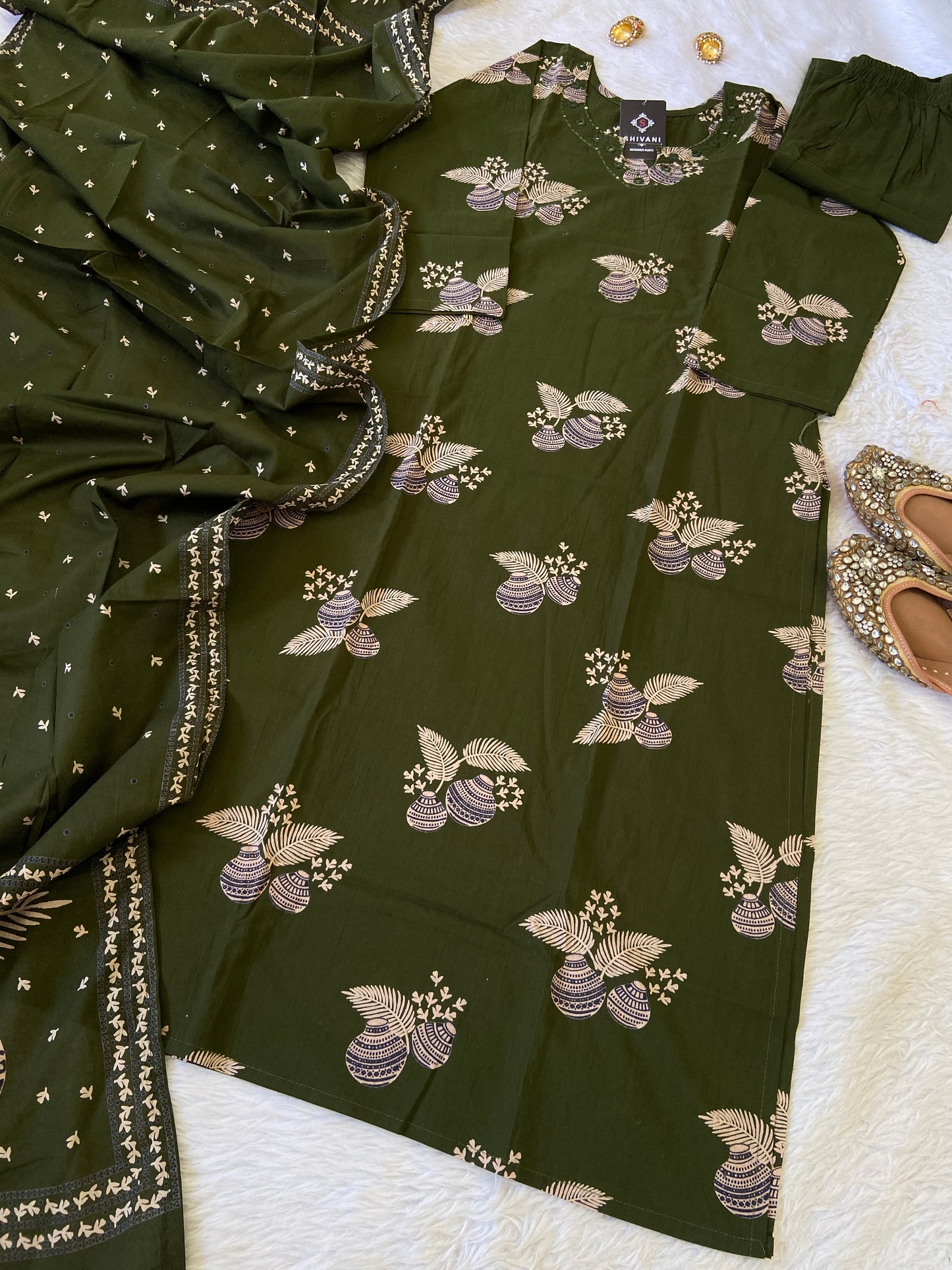 Jaipuri Cotton Straight cut Kurti With Palazzo And Dupatta. Cotton Suit Sets For Women.