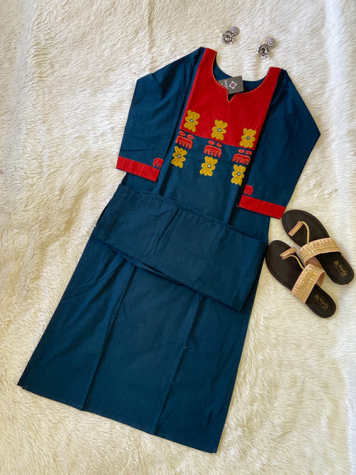 Straight Aplic Work Kurti With Palazzo (Gamthi Pair). Cotton Striaght Kurti Sets For Women.