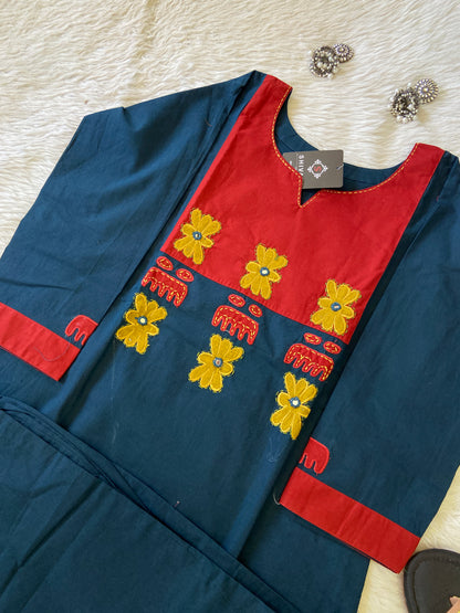 Straight Aplic Work Kurti With Palazzo (Gamthi Pair). Cotton Striaght Kurti Sets For Women.