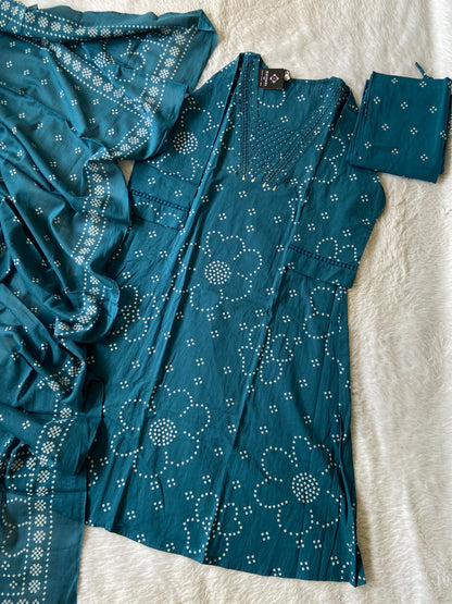 Bandhani Aline Kurti With Palazzo And Dupatta. Cotton Aline Suit Sets For Women.
