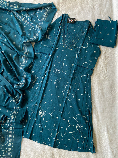 Bandhani Aline Kurti With Palazzo And Dupatta. Cotton Aline Suit Sets For Women.